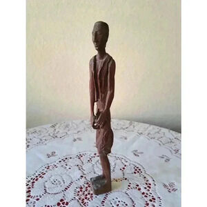 SCULPTURE Hand Carved Wooden Tall Man WITH FISH IN HAND